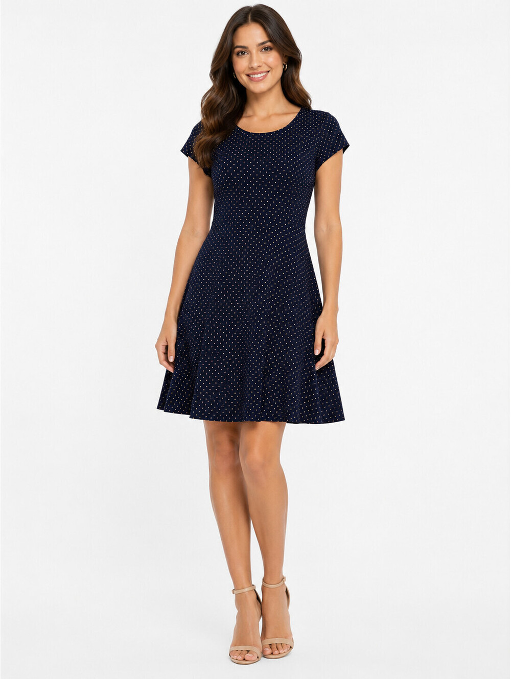 Michael Kors Dress Womens L Navy Gold Polka Dot Fit & Flare Stretch Zip Back